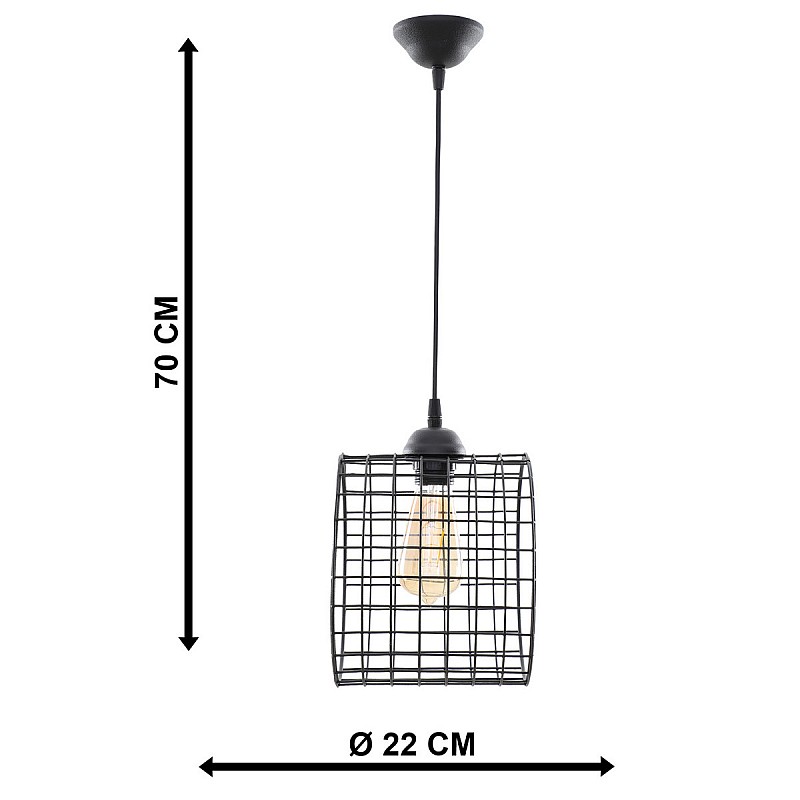 Φωτιστικό Κρεμαστό Μονόφωτο Μεταλλικό Κύλινδρος Μαύρο E27 22*22*70cm