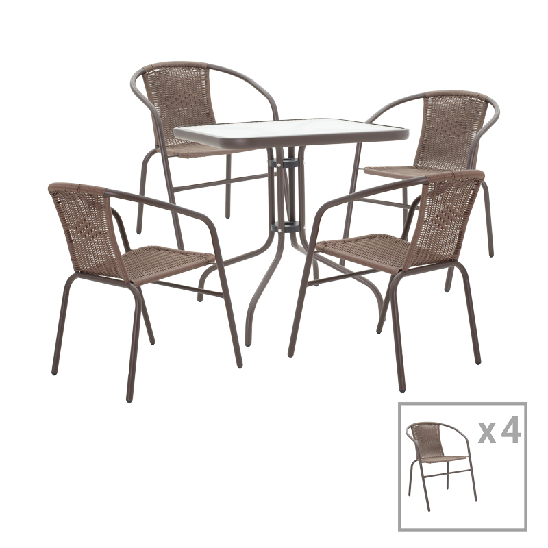 Tραπεζαρία Obbi-Watson Pakoworld Σετ 5Τεμ Καφέ Μέταλλο-Pe Rattan 80X80X70Εκ