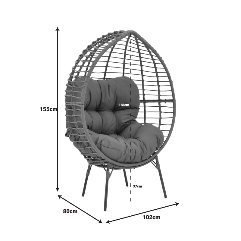 Πολυθρόνα Nestie  Pakoworld Wicker Rattan Γκρι-Μεταλλικό Γκρι Πόδι-Γκρι Μαξιλάρι 102X80X155Εκ