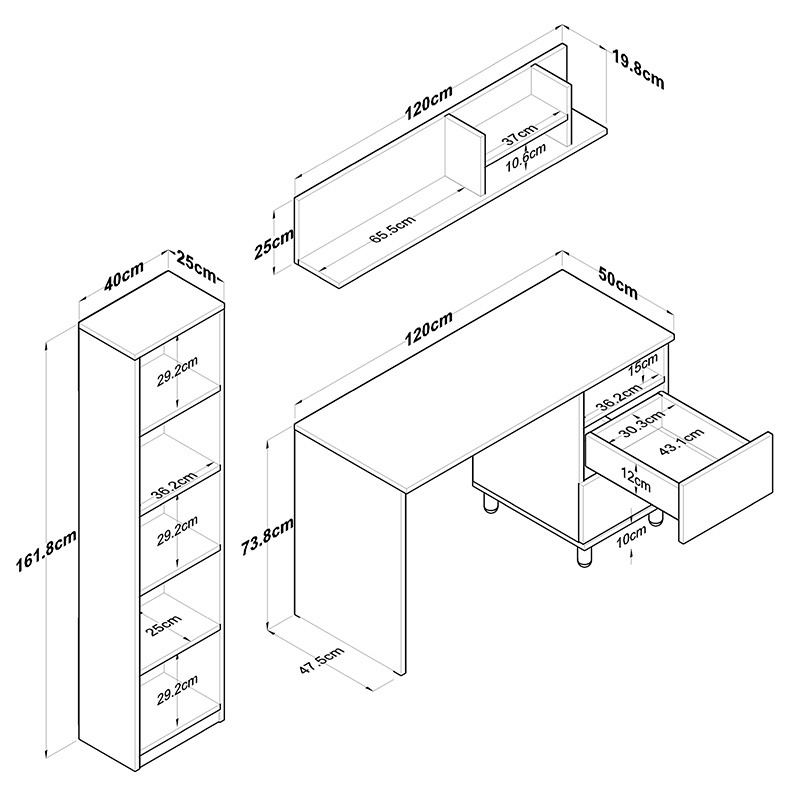 Γραφείο Με Βιβλιοθήκη Goldie Pakoworld Λευκό-Φυσικό 160X50X161.8Εκ