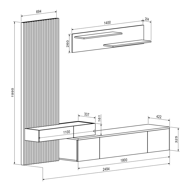 Σύνθετο Σαλονιού Litende Pakoworld Μαύρο-Sonoma Μελαμίνης 249.5X42X199.5Εκ