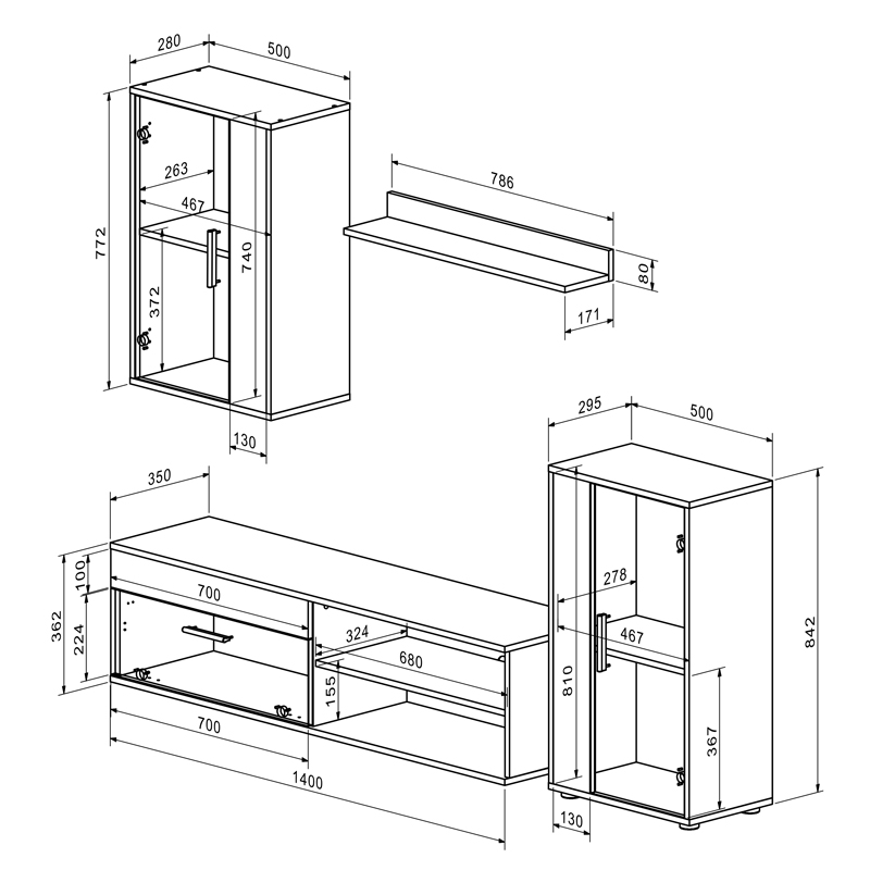 Σύνθετο Σαλονιού Zarifa Pakoworld Oak-Μαύρο Μελαμίνης 190X35X190Εκ