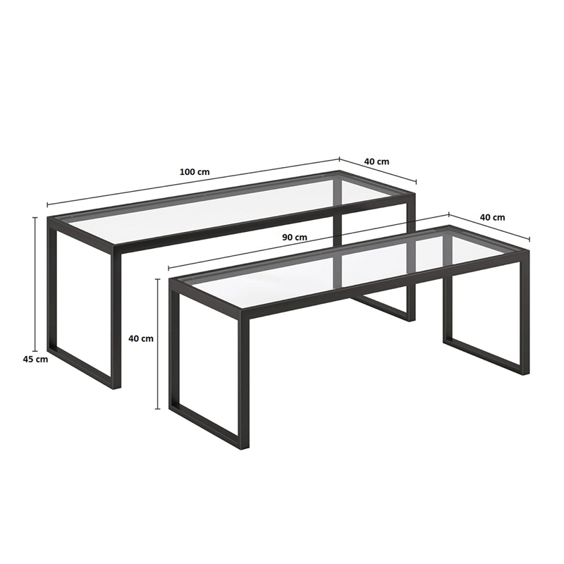 Τραπέζι Σαλονιού Redro Pakoworld Σετ 2Τεμ Μαύρο Μέταλλο-Γυαλί 100X40X45Εκ