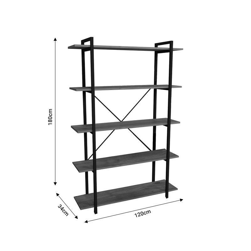 Βιβλιοθήκη Reson Pakoworld Oak Μελαμίνης-Μαύρο Μέταλλο 120X34X180Εκ