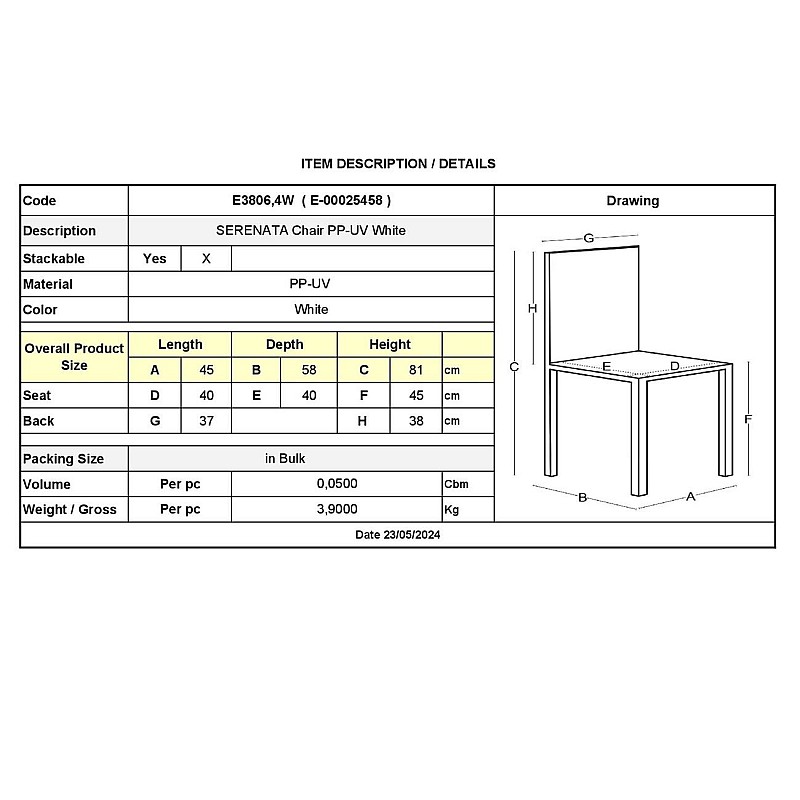 SERENATA Καρέκλα, Στοιβαζόμενη PP - UV Άσπρο